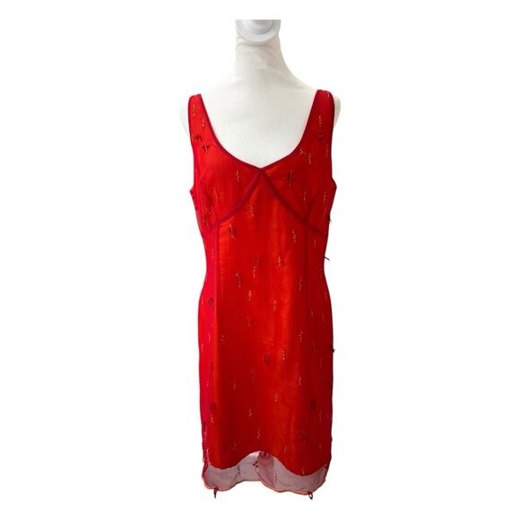 Vintage Express Mesh Overlay Beaded Red Bustier Dress Plunge Neck 90s Y2k 14 - Picture 3 of 10